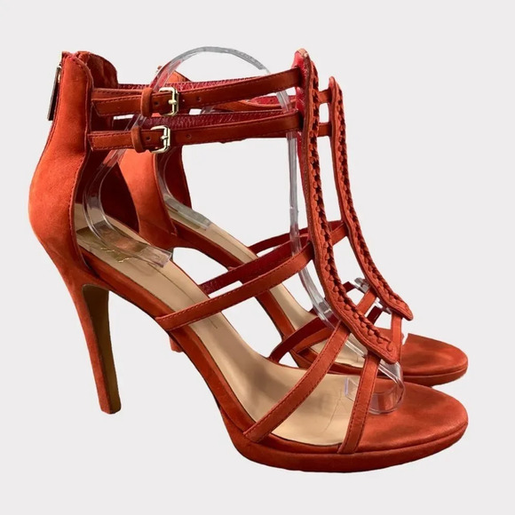 Dolce vita camila Sandals High Heel Nubuck Suede Orange Back Zip Buckle Platform - Picture 1 of 12